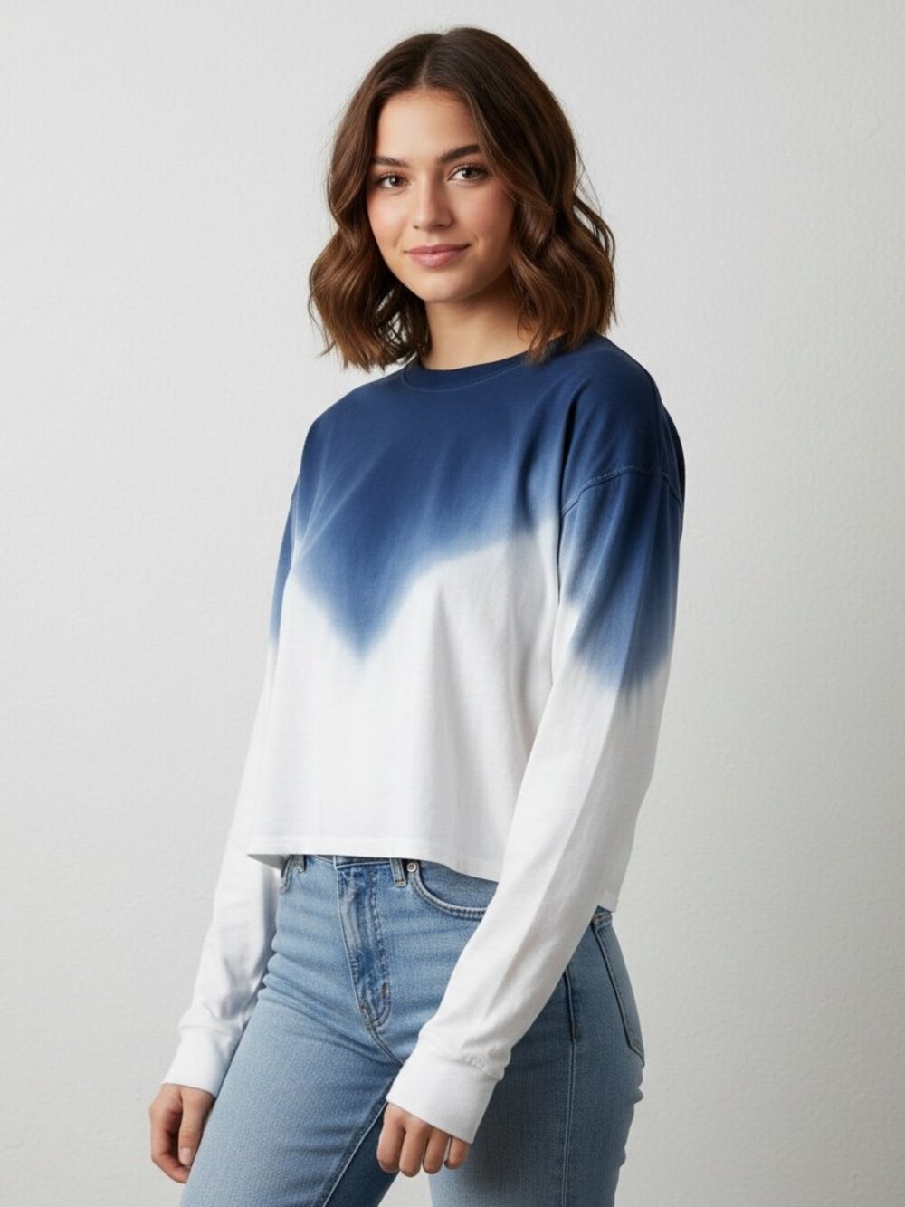 Ariat Howdy Ombre Navy White Long Sleeve Cropped Top Large